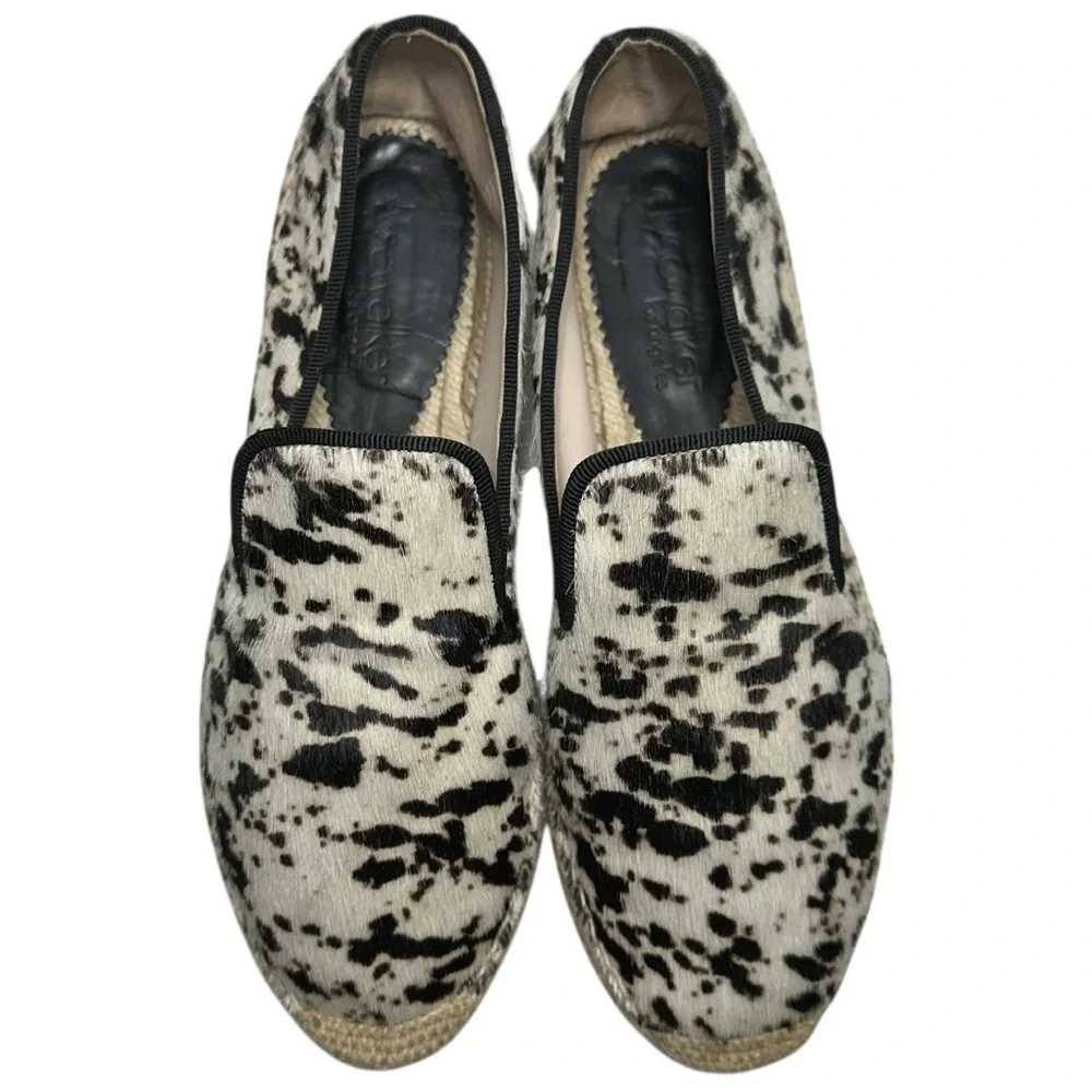 Elyse Walker 38 Black White Calf Hair Animal Print Leather Espadrilles Loafers